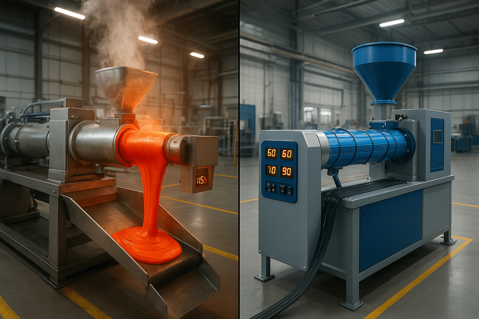 Hot feed extruder system integrated with mixer for high-volume rubber processing in manufacturing facility