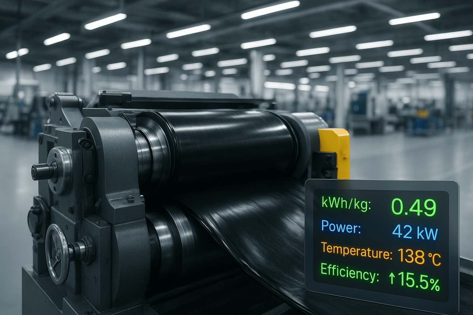 Rubber mixing mill with energy efficiency dashboard showing 0.49 kWh/kg and 15.5% improvement