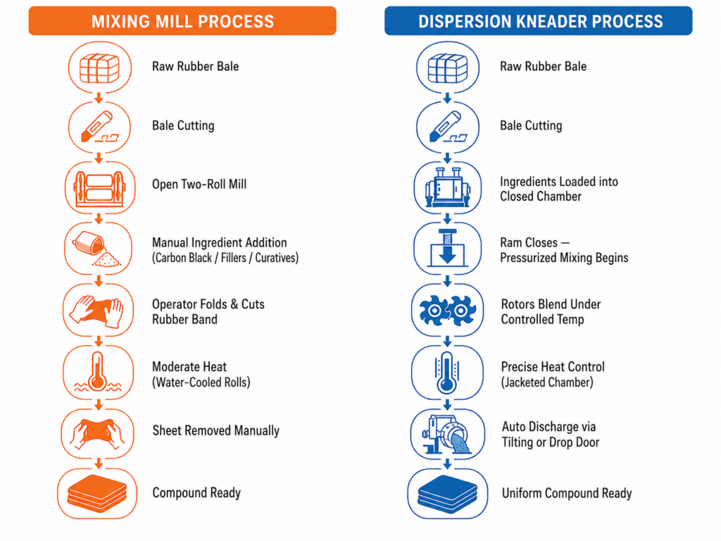 Rubber mixing mill vs dispersion kneader process flow diagram comparison — Vikas Industries