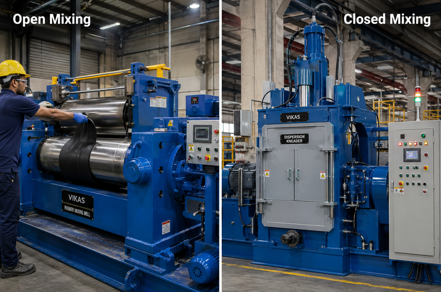 Rubber mixing mill and dispersion kneader side by side on shop floor — Vikas Industries rubber processing machinery